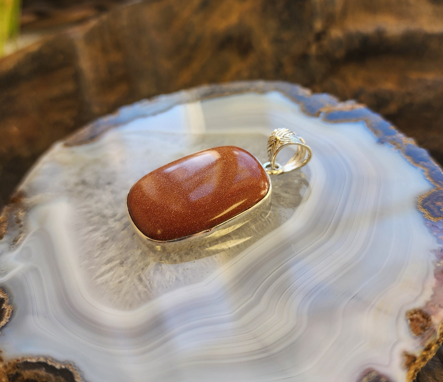 Rectangular Sparkling Sunstone Pendant .925 Sterling Silver