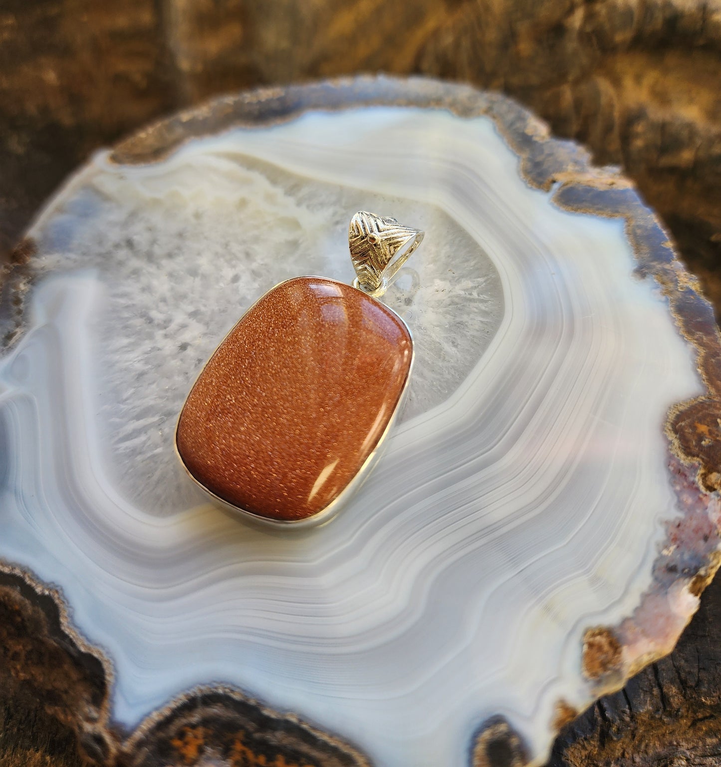 Rectangular Sparkling Sunstone Pendant .925 Sterling Silver