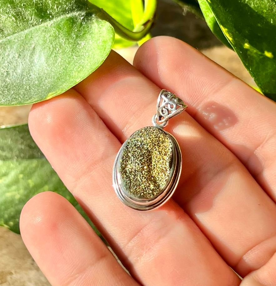 Oval Drusy Quartz Pendant Sterling Silver