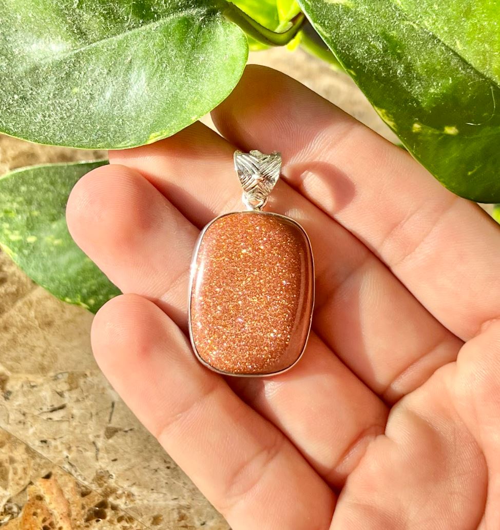 Rectangular Sparkling Sunstone Pendant .925 Sterling Silver