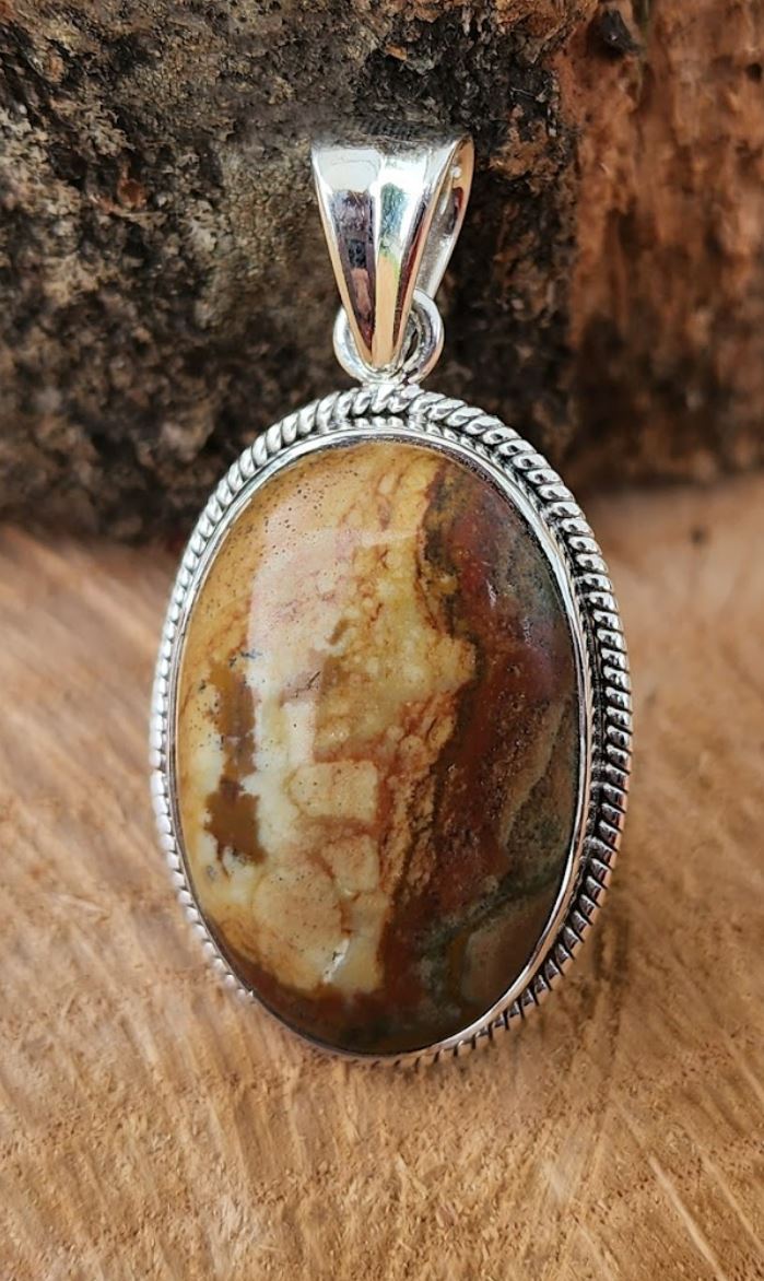 Jasper Gemstone Oval Pendant .925 Sterling Silver