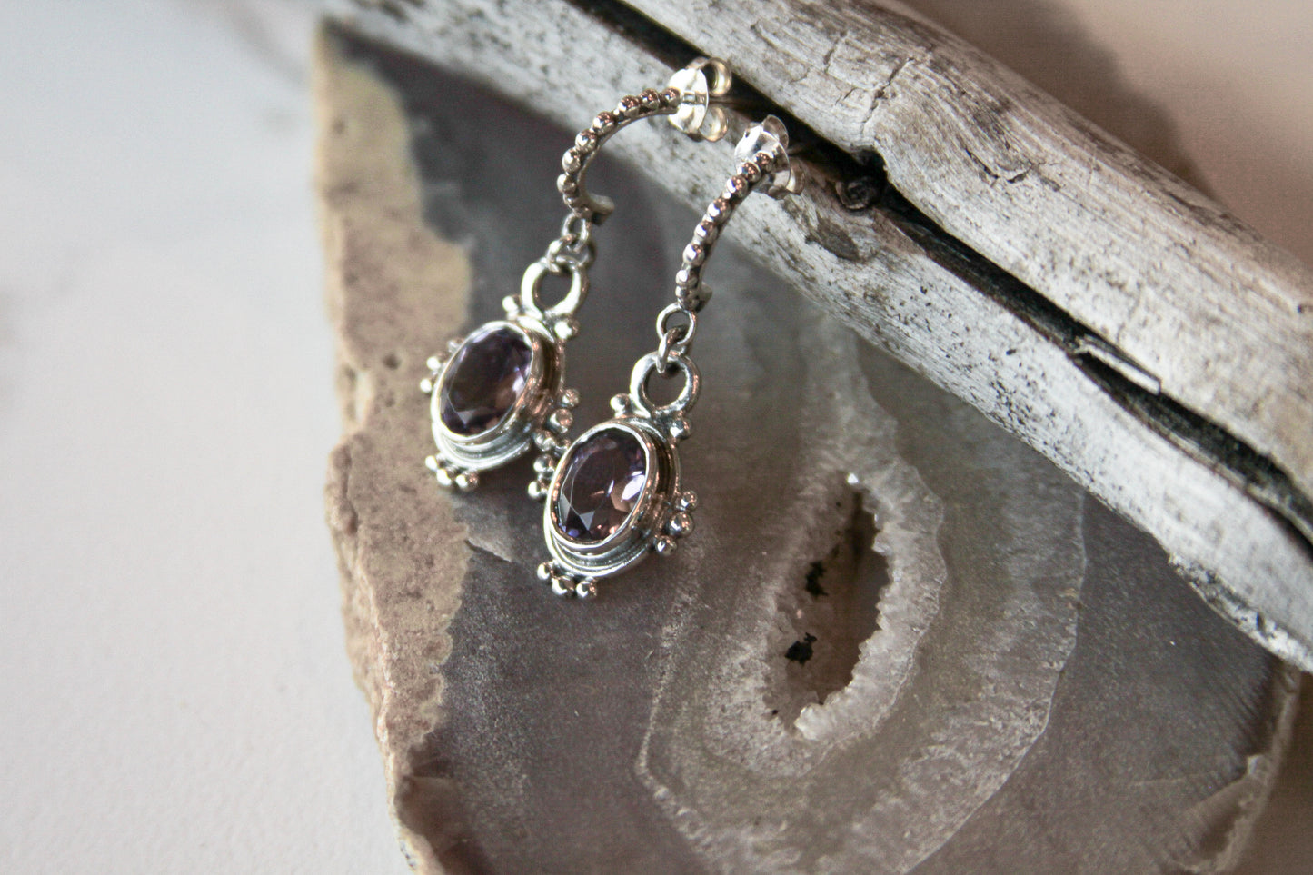 Amethyst Half Hoop Post Earrings .925 Sterling Silver