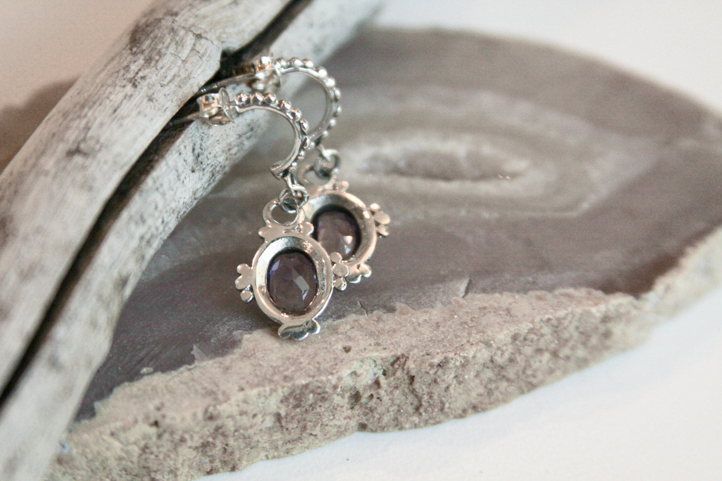 Amethyst Half Hoop Post Earrings .925 Sterling Silver