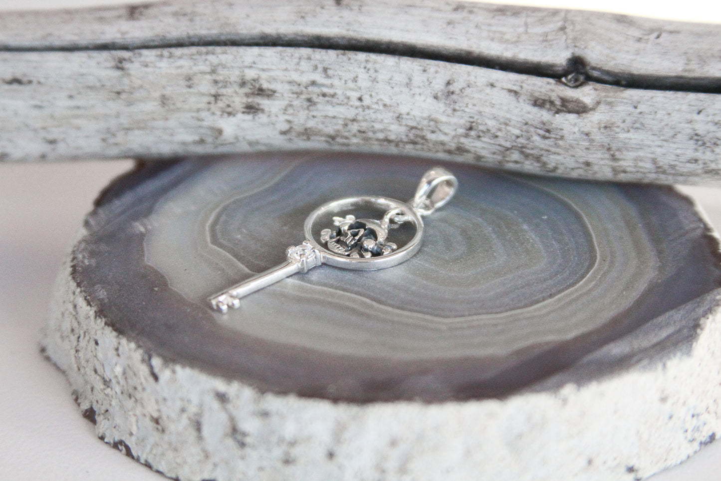 .925 Sterling Silver Skull Key Pendant