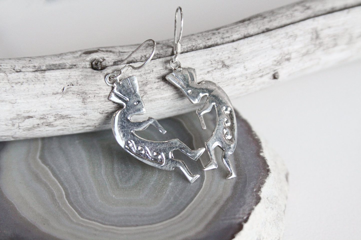.925 Sterling Silver Kokopelli Humpback Flute Player Earrings