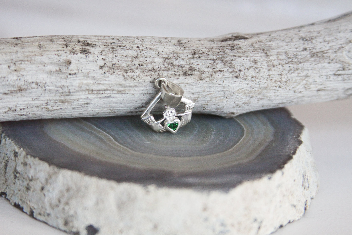 Claddagh with Green CZ Crystal Sterling Silver Pendant