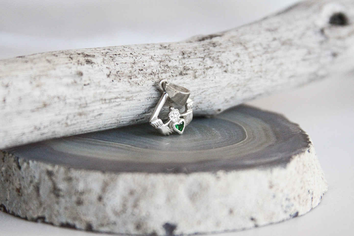 Claddagh with Green CZ Crystal Sterling Silver Pendant