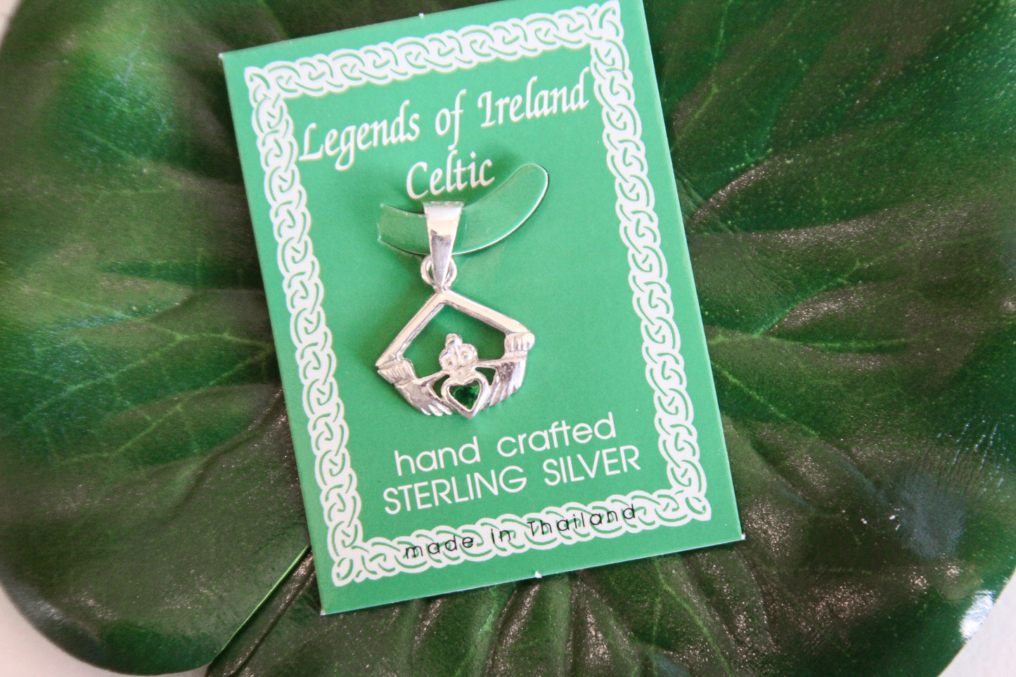 Claddagh with Green CZ Crystal Sterling Silver Pendant