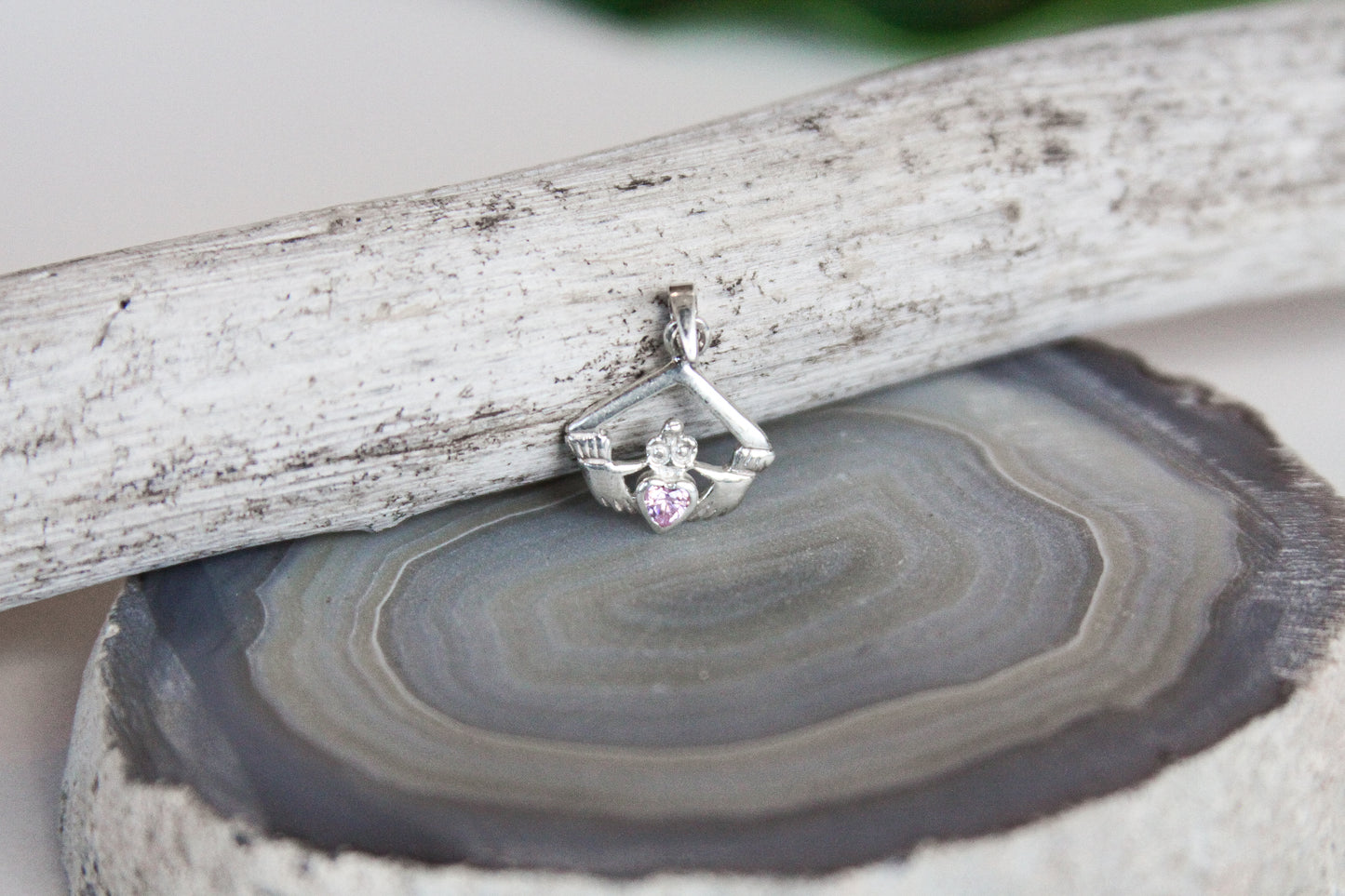 Claddagh Pink CZ Crystal Sterling Silver Pendant