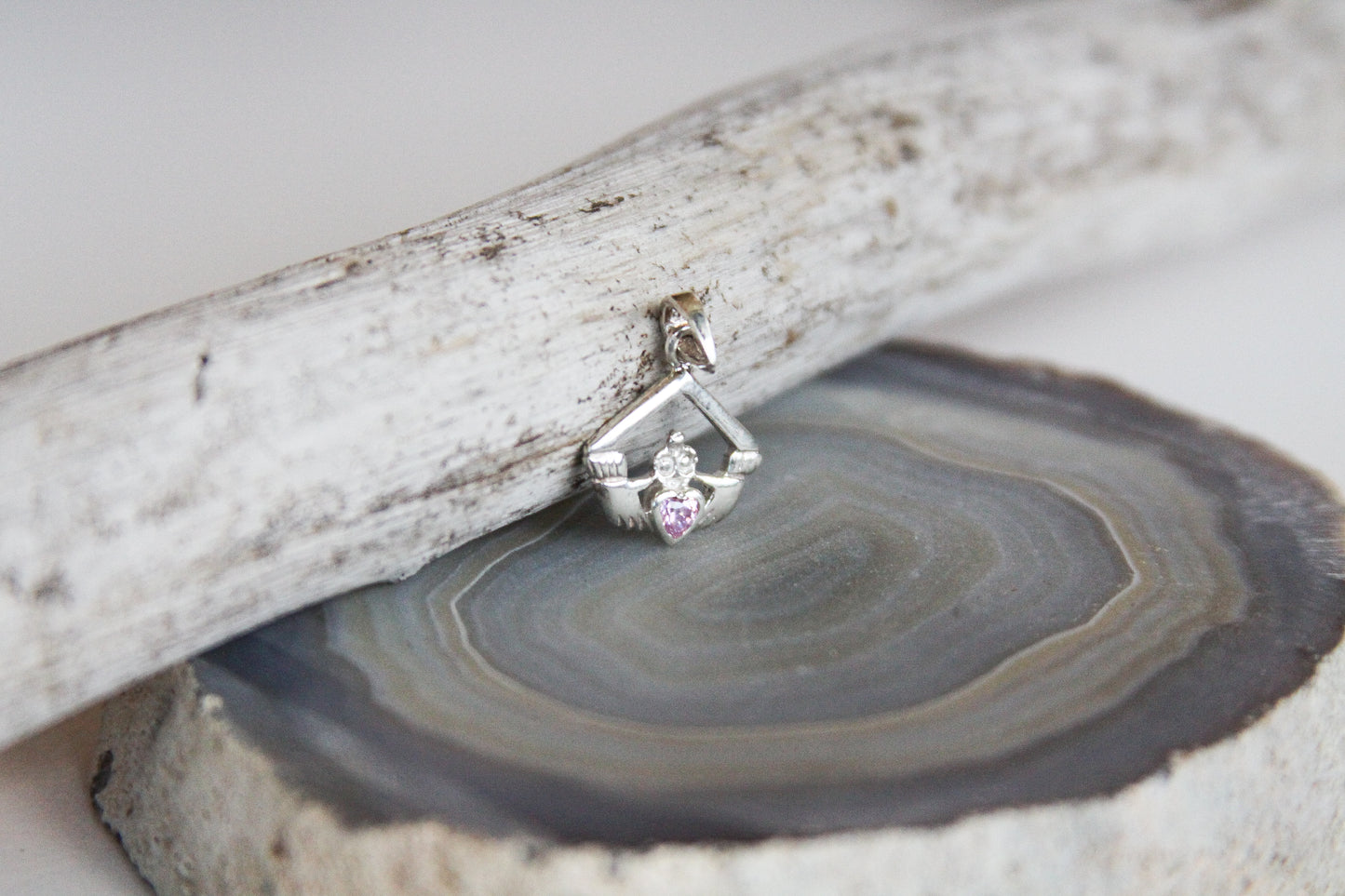 Claddagh Pink CZ Crystal Sterling Silver Pendant