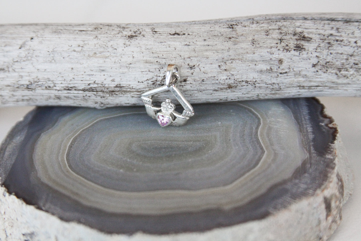 Claddagh Pink CZ Crystal Sterling Silver Pendant