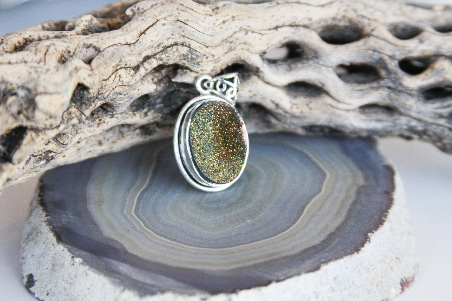 Oval Drusy Quartz Pendant Sterling Silver