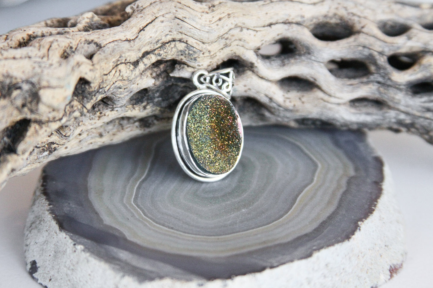 Oval Drusy Quartz Pendant Sterling Silver