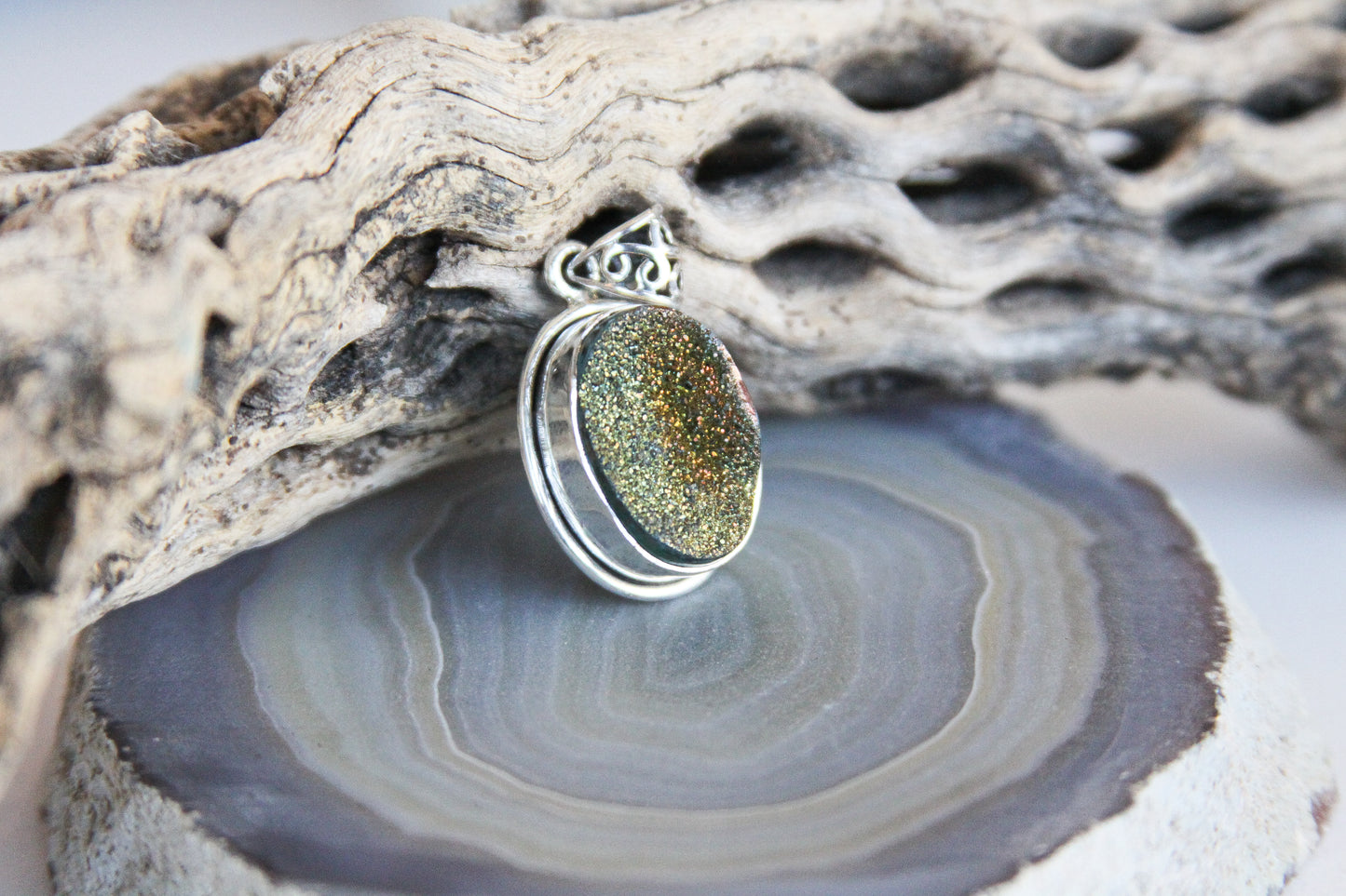 Oval Drusy Quartz Pendant Sterling Silver