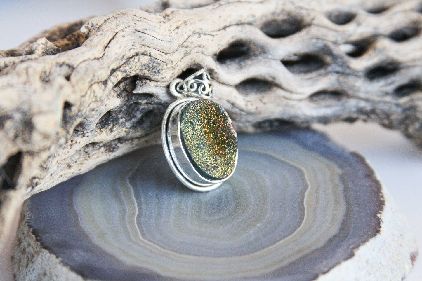 Oval Drusy Quartz Pendant Sterling Silver