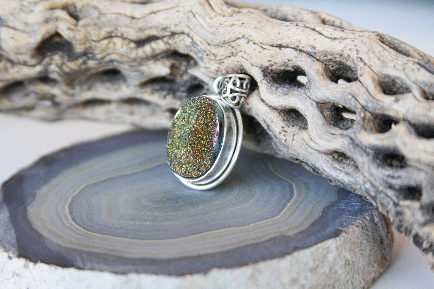 Oval Drusy Quartz Pendant Sterling Silver