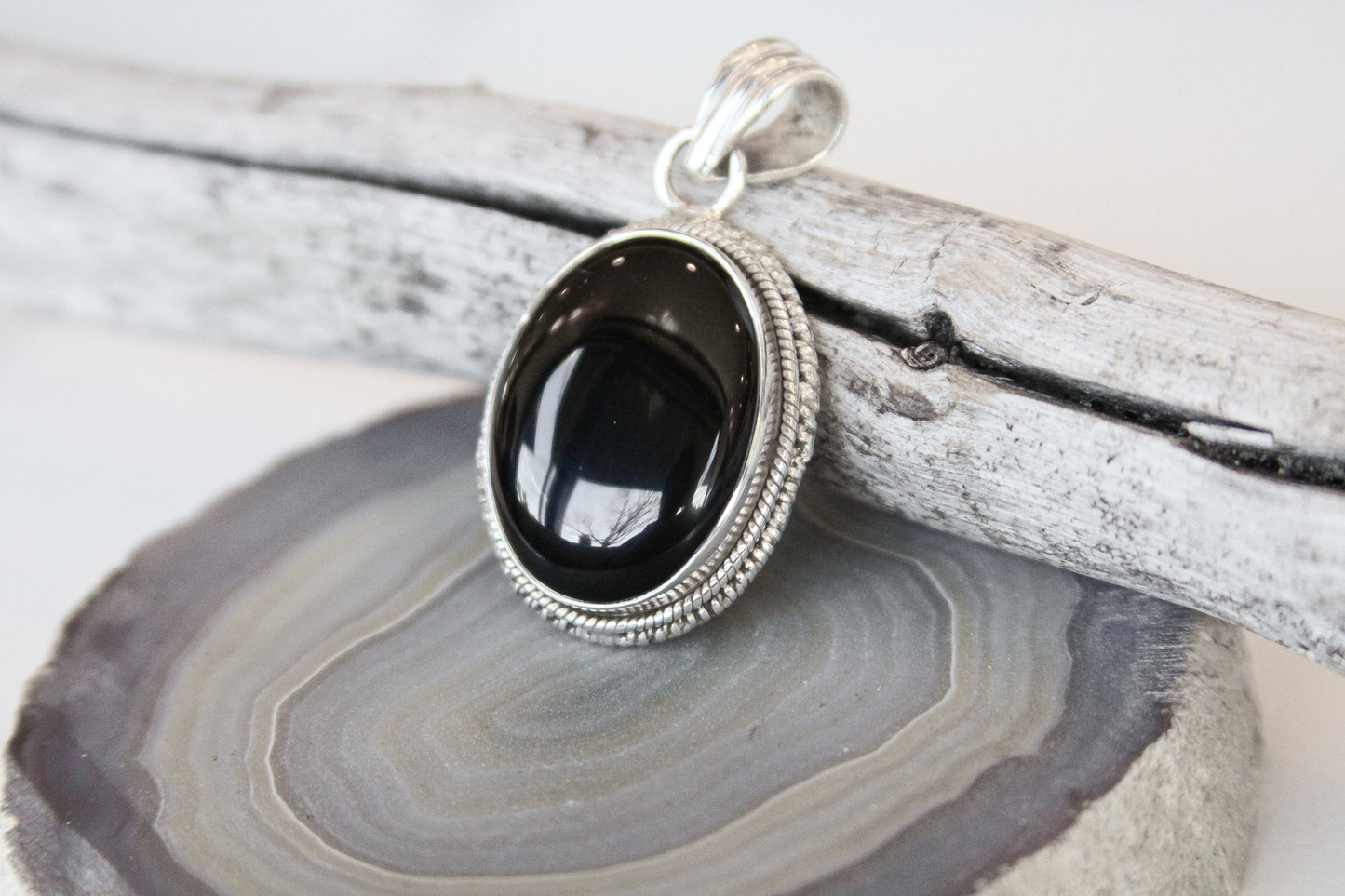 Black Onyx Gemstone Pendant .925 Sterling Silver