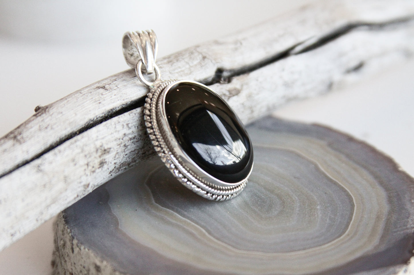 Black Onyx Gemstone Pendant .925 Sterling Silver