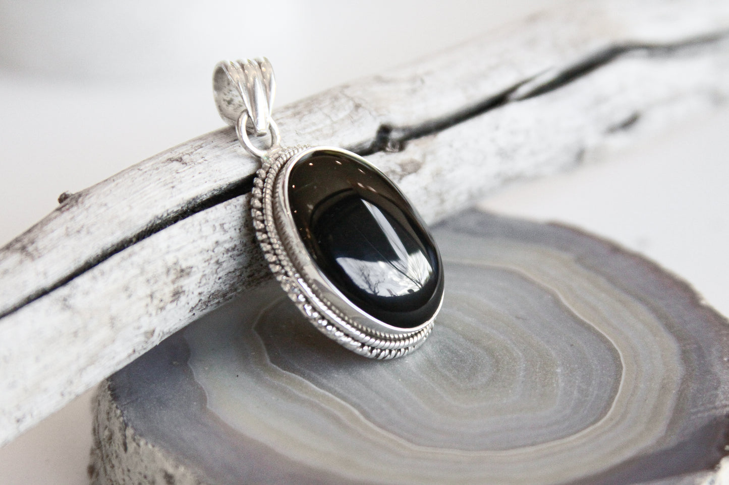 Black Onyx Gemstone Pendant .925 Sterling Silver
