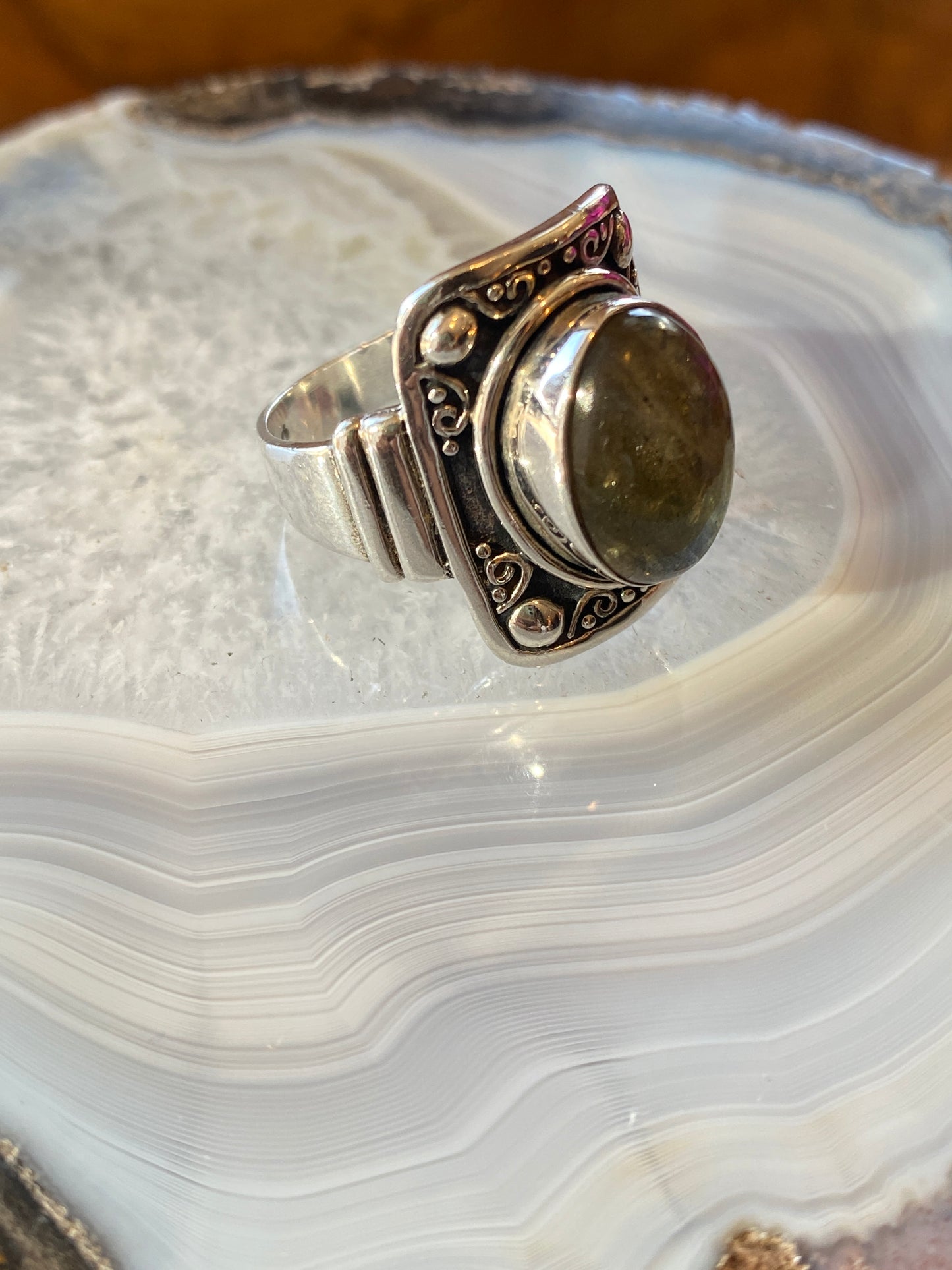 Labradorite Gemstone Ring Size 9 Sterling Silver