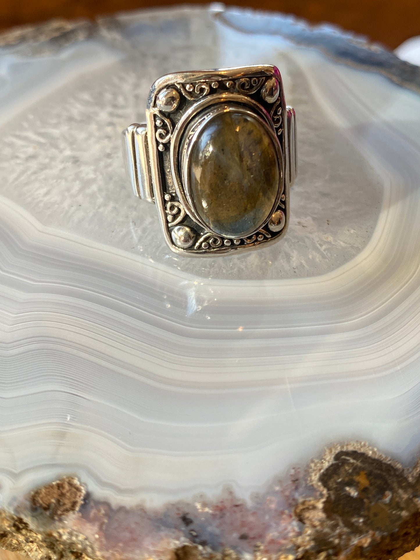 Labradorite Gemstone Ring Size 9 Sterling Silver