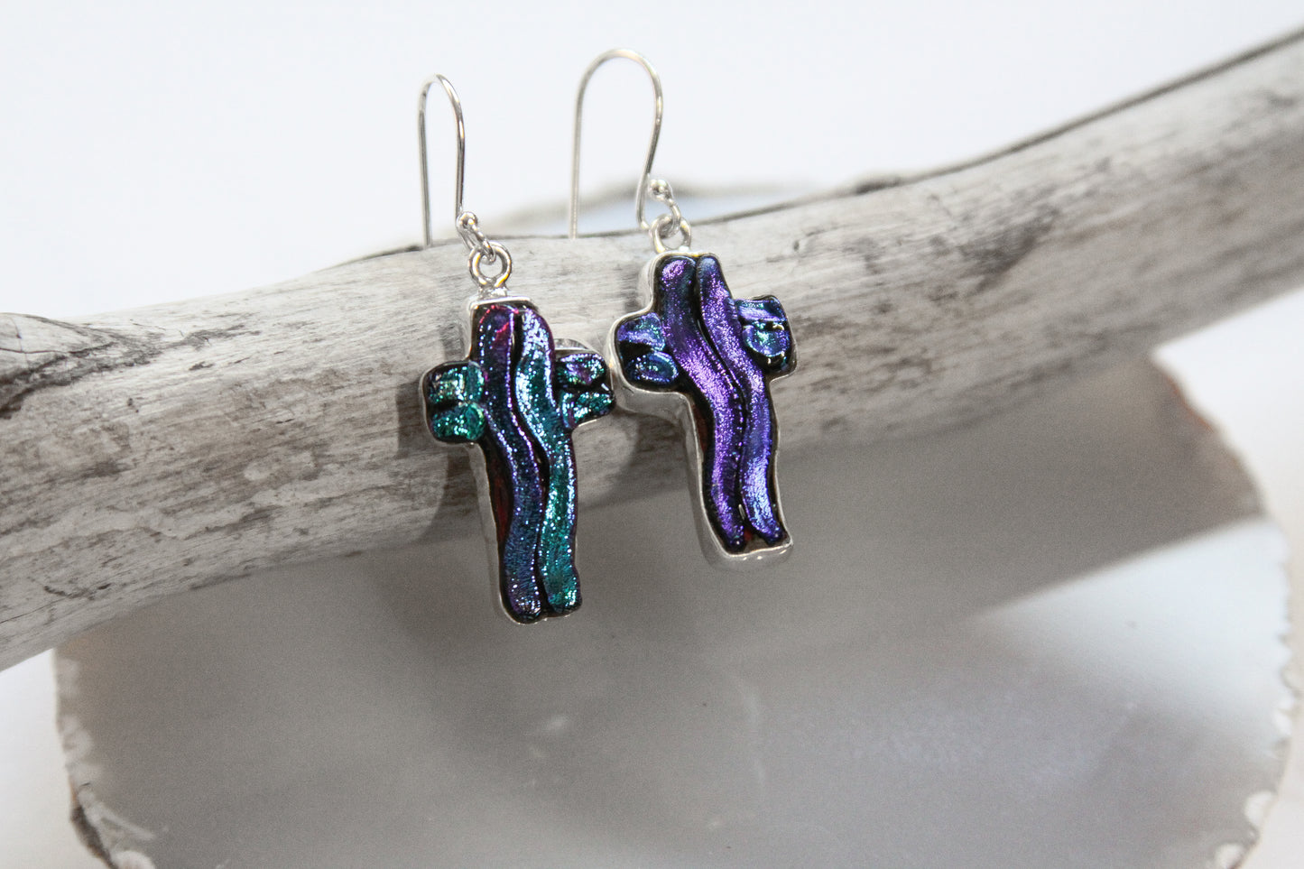 Dichroic Glass Cross Earrings .925 Sterling Silver