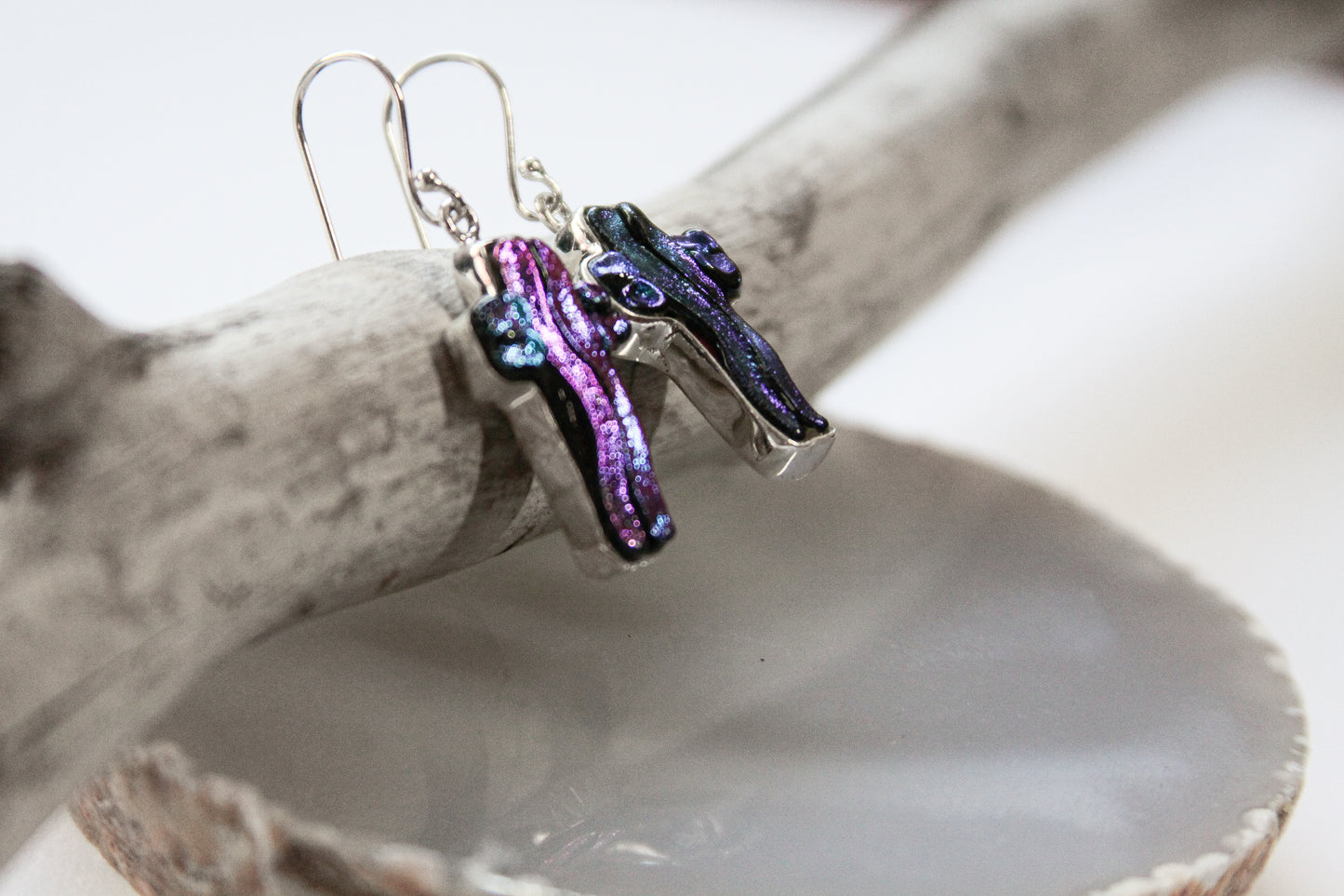 Dichroic Glass Cross Earrings .925 Sterling Silver
