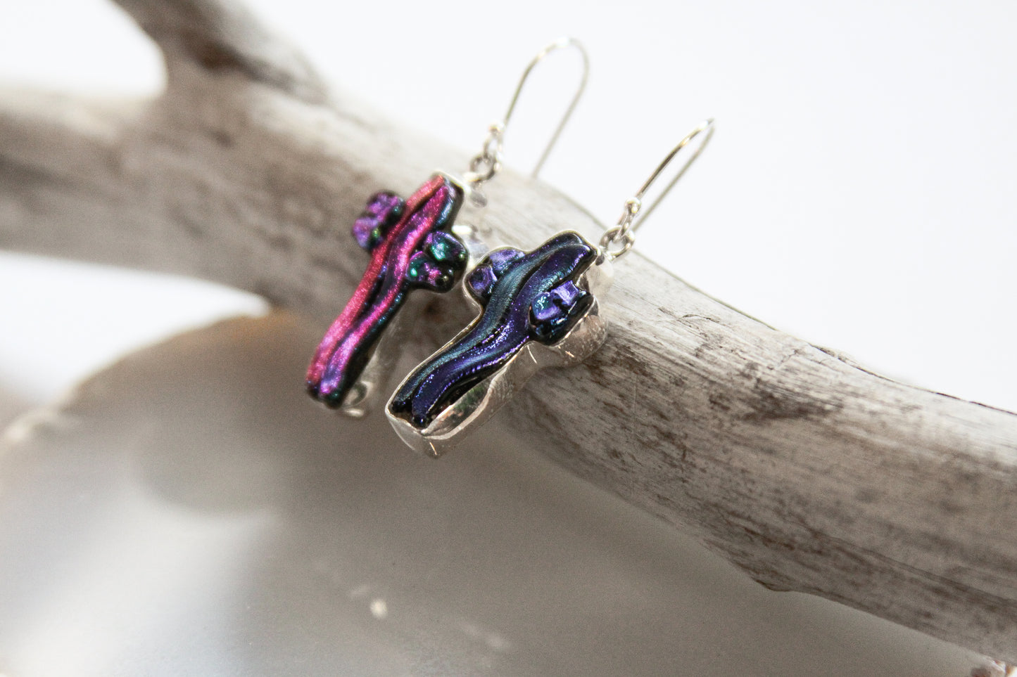 Dichroic Glass Cross Earrings .925 Sterling Silver