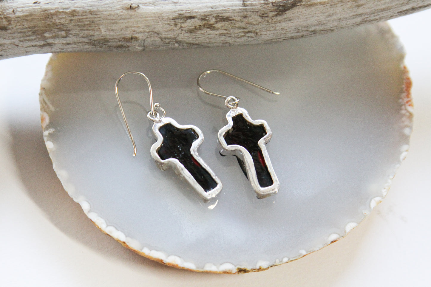 Dichroic Glass Cross Earrings .925 Sterling Silver