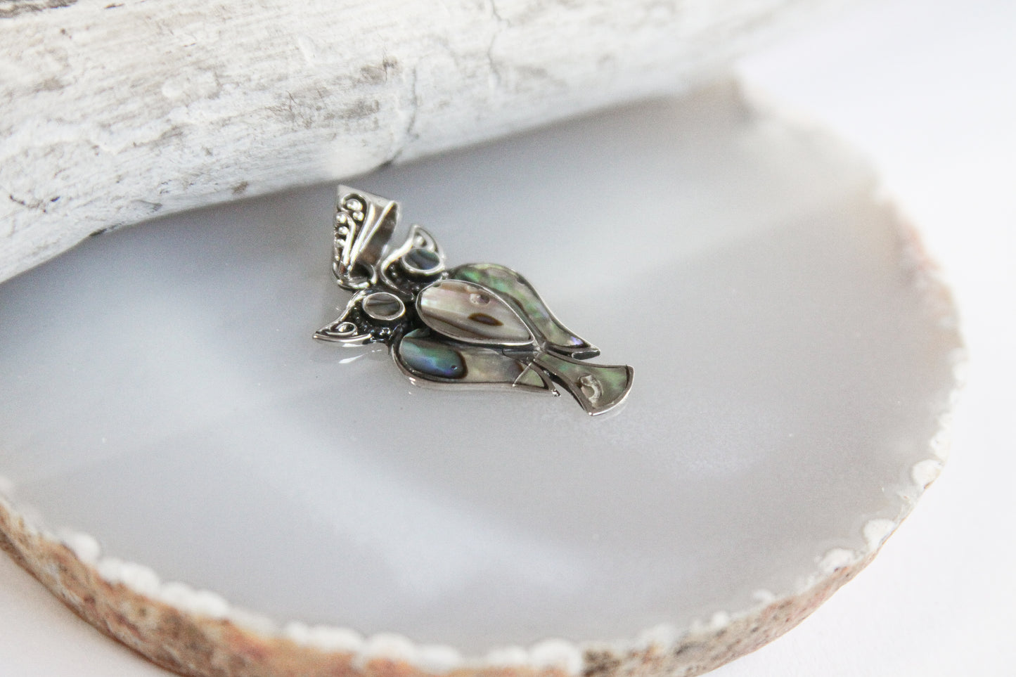 Owl Abalone Shell Pendant .925 Sterling Silver