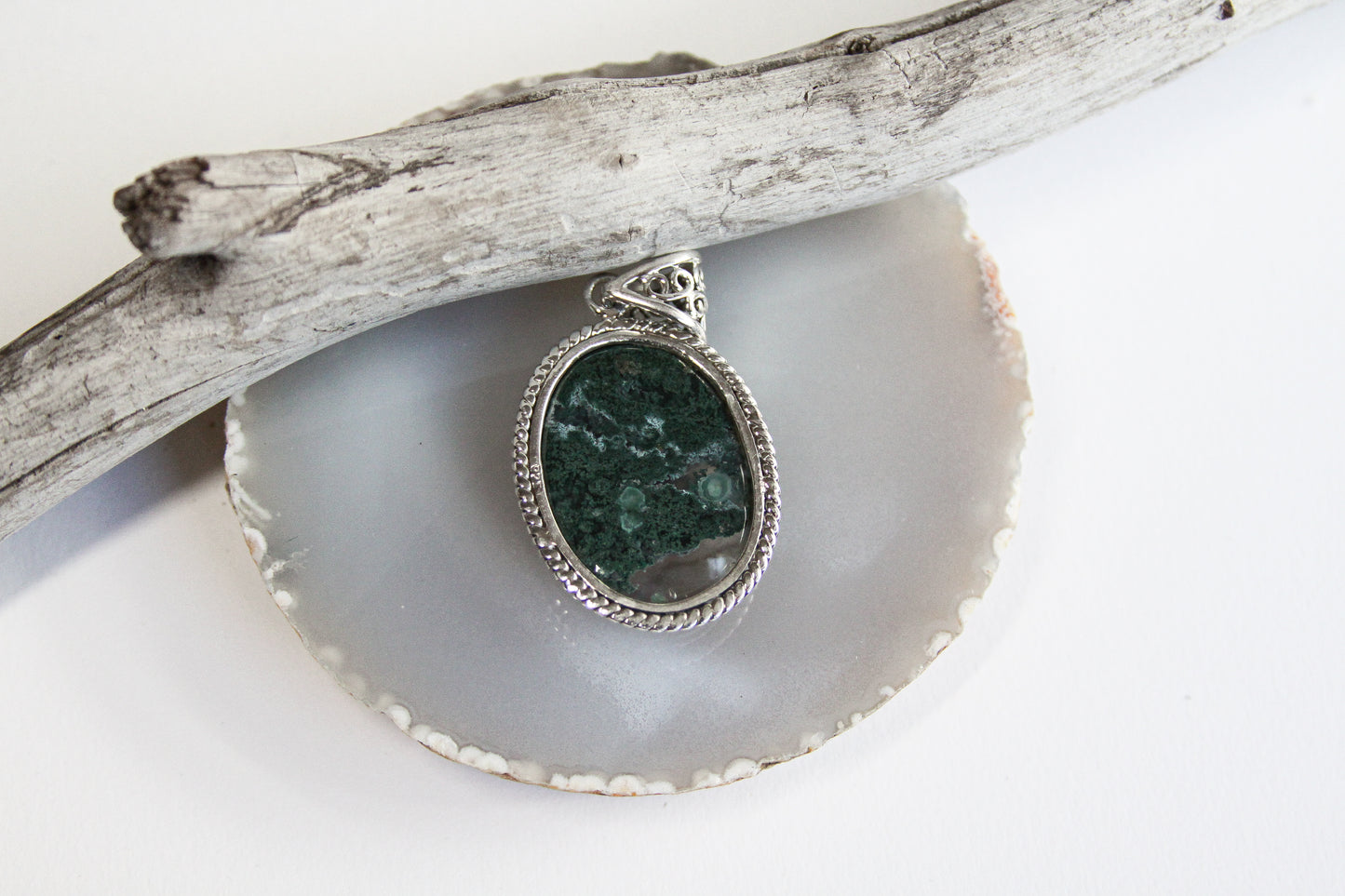 Moss Agate Gemstone Pendant .925 Sterling Silver