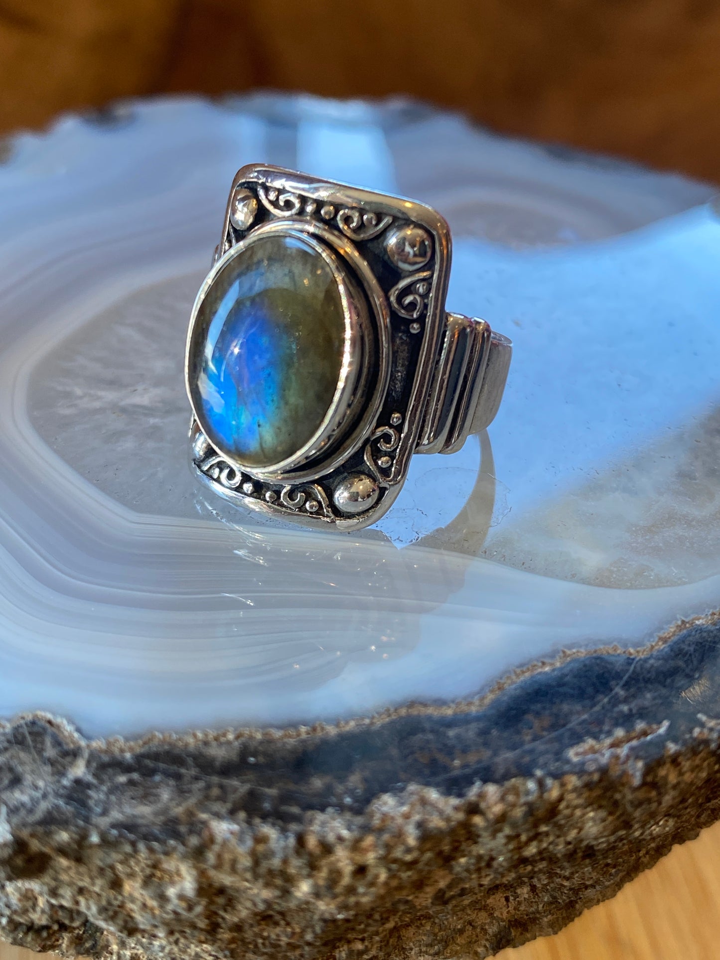 Labradorite Gemstone Ring Size 9 Sterling Silver