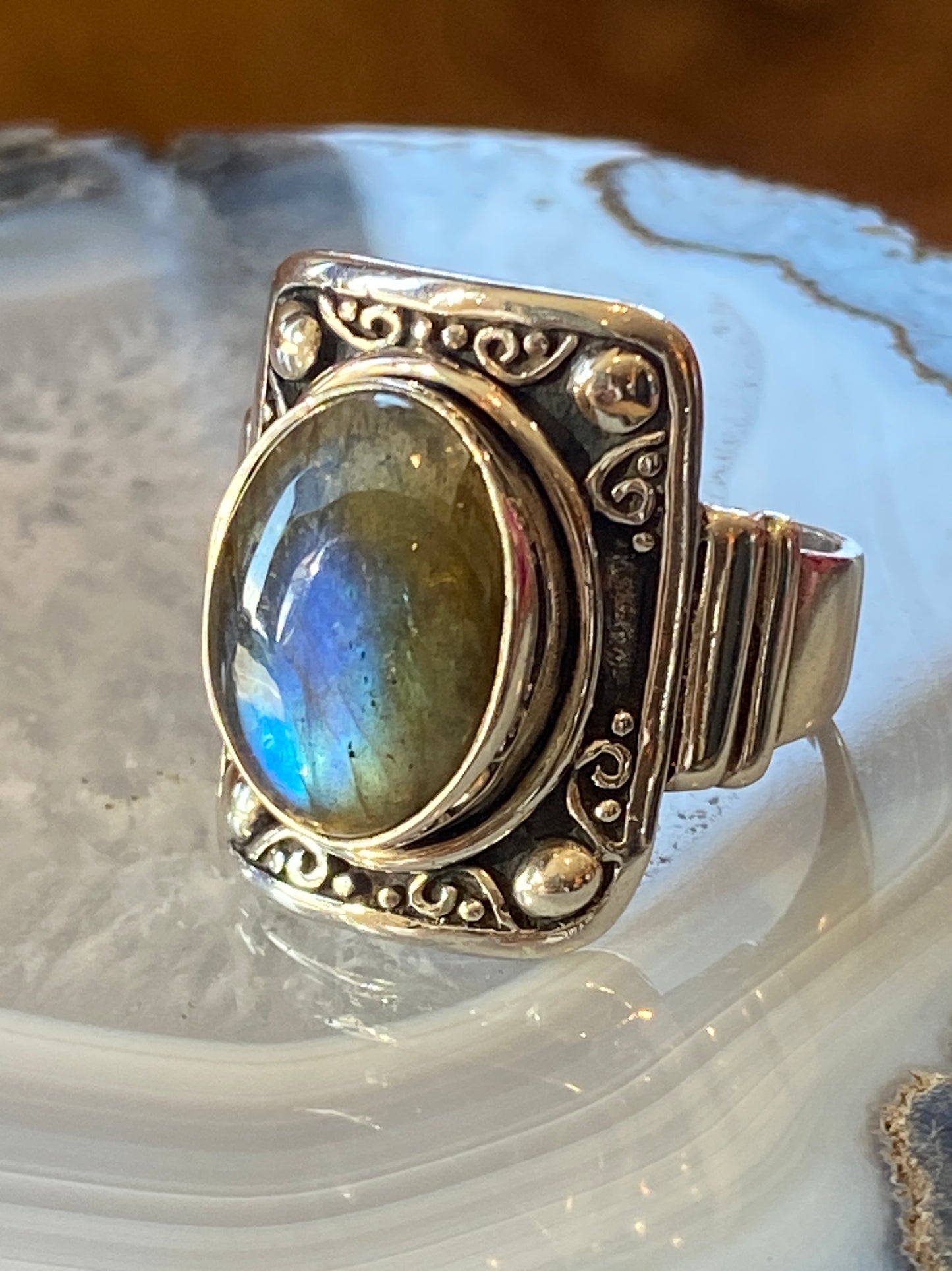 Labradorite Gemstone Ring Size 9 Sterling Silver