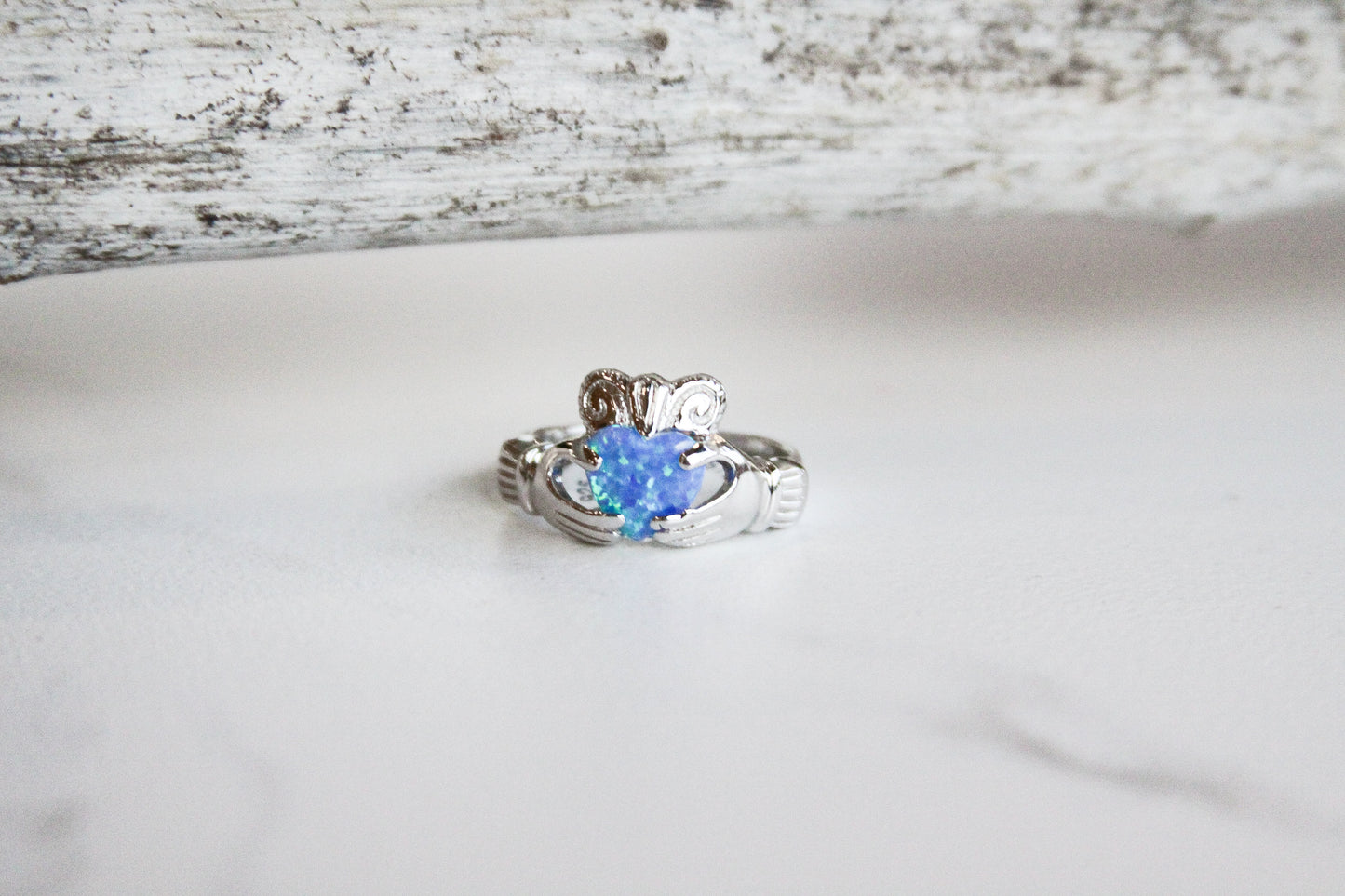 .925 Sterling Silver Claddagh Ring (Blue, White) Size 8