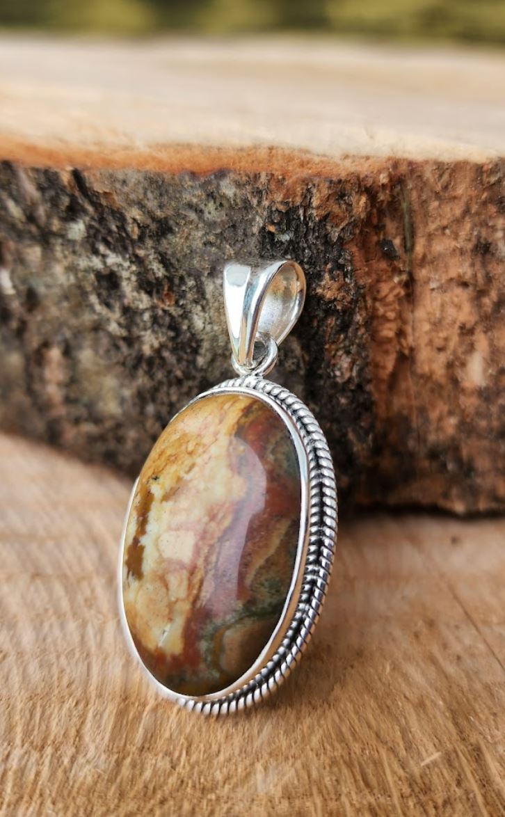 Jasper Gemstone Oval Pendant .925 Sterling Silver