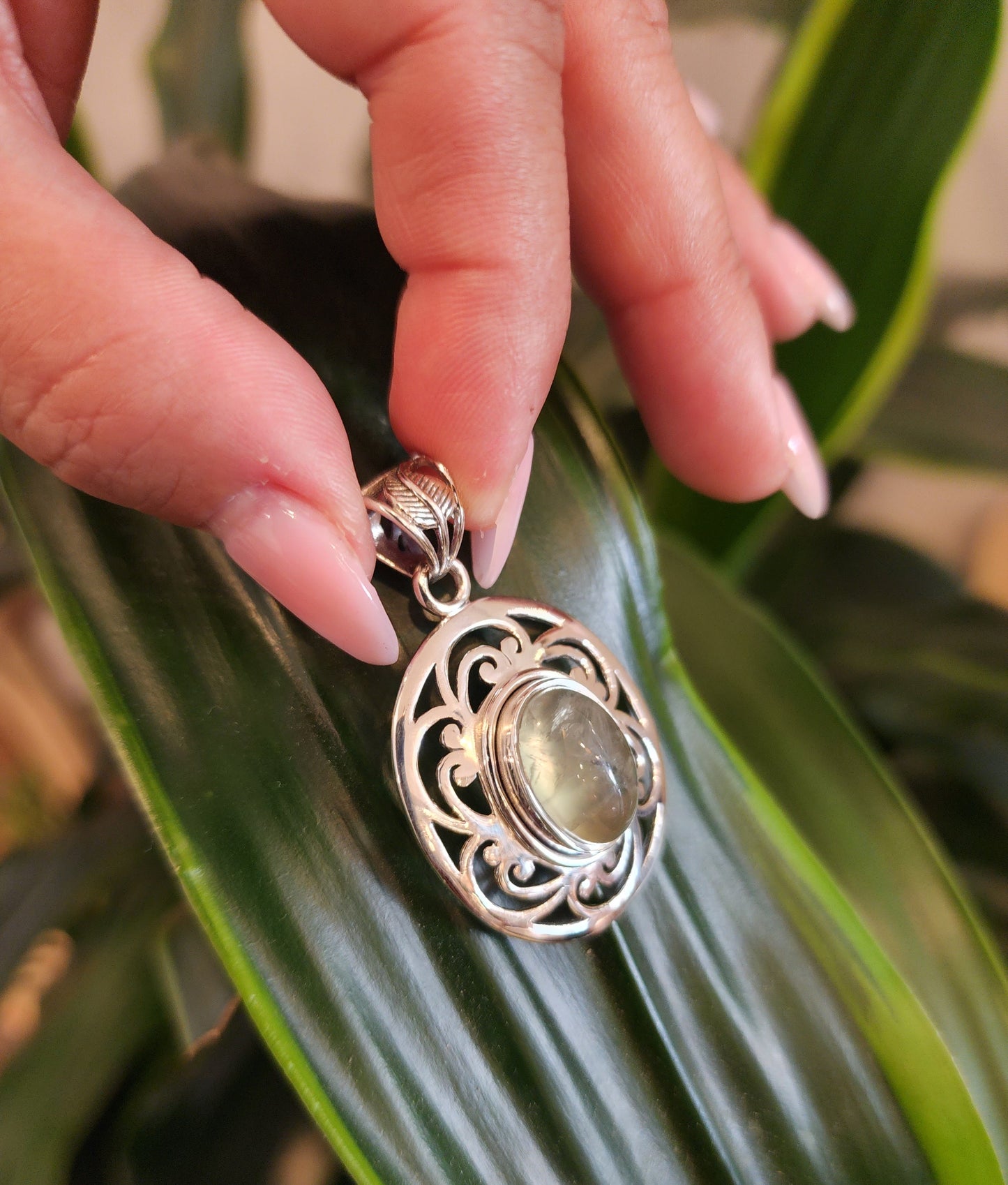 Prehnite Gemstone Pendant .925 Sterling Silver