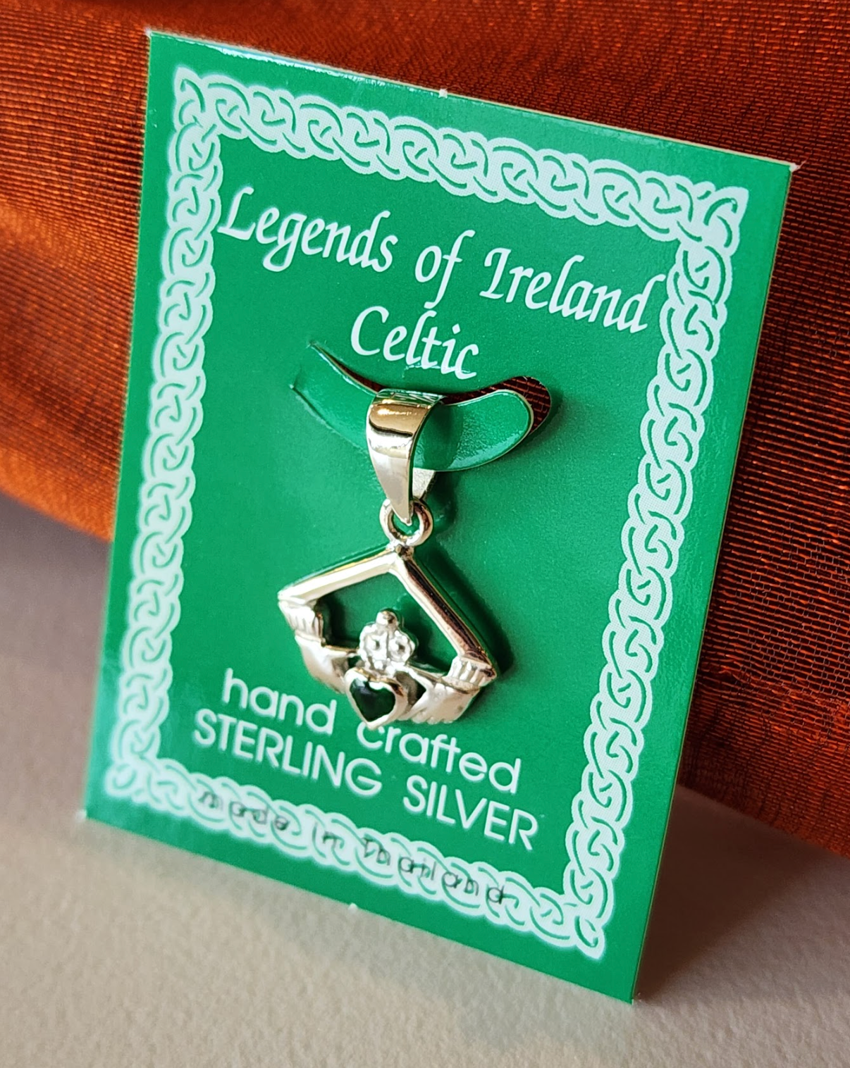Claddagh with Green CZ Crystal Sterling Silver Pendant