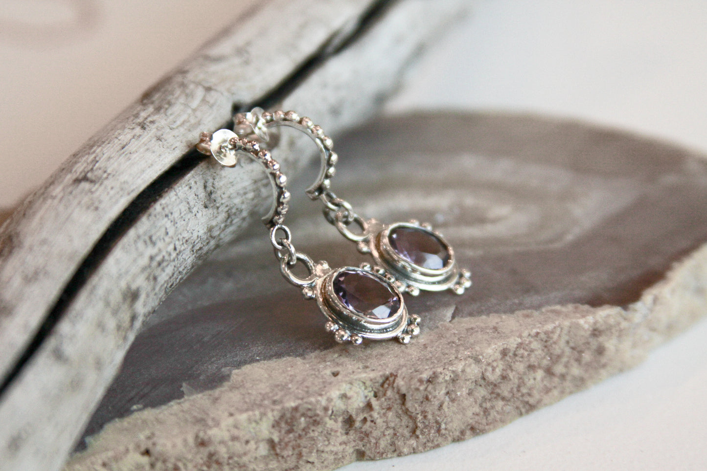 Amethyst Half Hoop Post Earrings .925 Sterling Silver