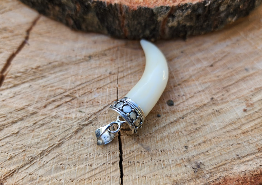 Natural Stone Tibetan Style Horn Pendant .925 Sterling Silver