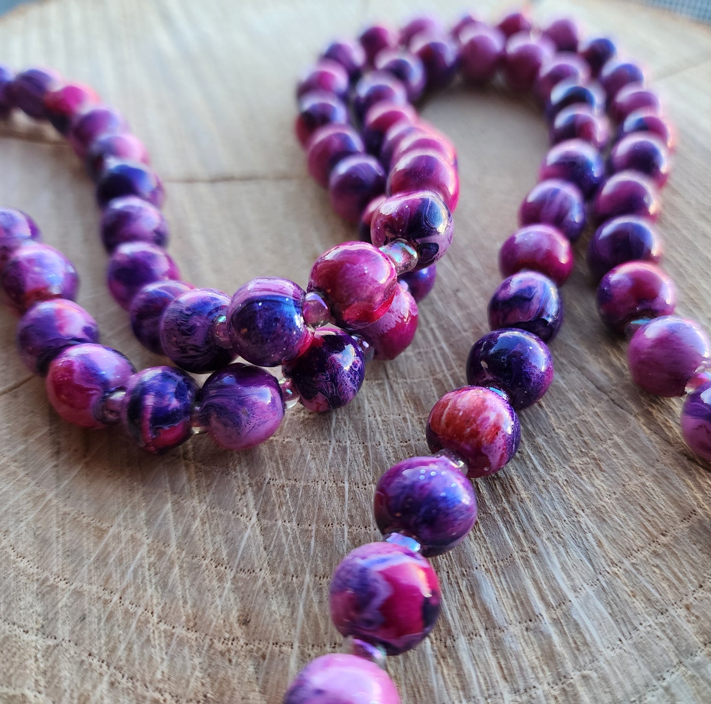 Marbleized Wood Long Beaded Necklace (Hot Pink, Purple, Lime Green)