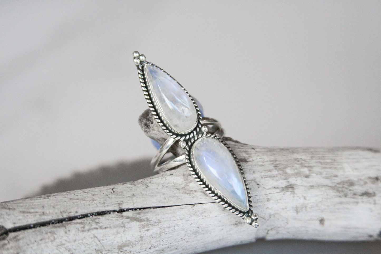 Double Teardrop Rainbow Moonstone Ring