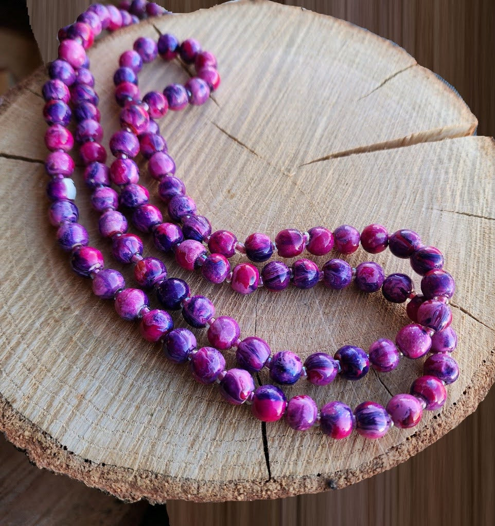 Marbleized Wood Long Beaded Necklace (Hot Pink, Purple, Lime Green)