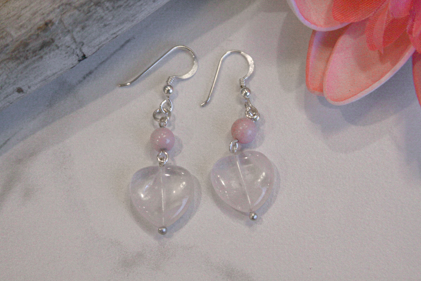 Rose Quartz Heart-Shaped Dangle Drop Earrings .925 Sterling Silver