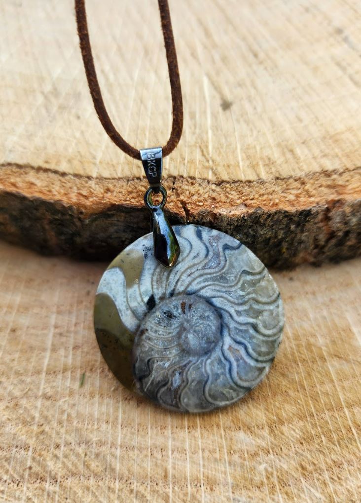 Ammonite Fossil Pendant on Leather Cord