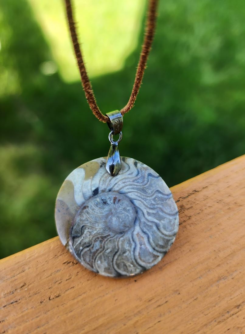 Ammonite Fossil Pendant on Leather Cord