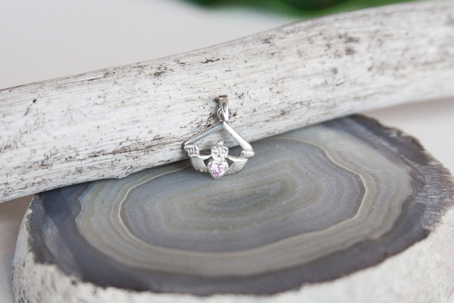Claddagh Pink CZ Crystal Sterling Silver Pendant