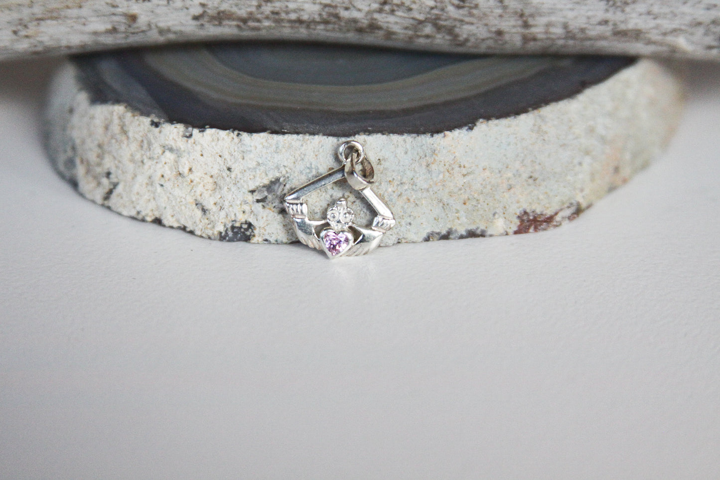 Claddagh Pink CZ Crystal Sterling Silver Pendant