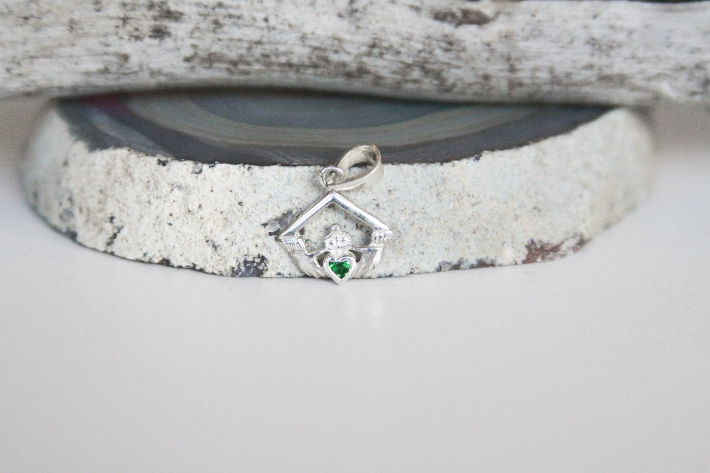 Claddagh with Green CZ Crystal Sterling Silver Pendant