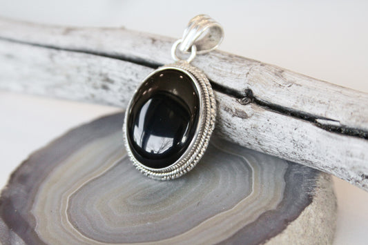 Black Onyx Gemstone Pendant .925 Sterling Silver