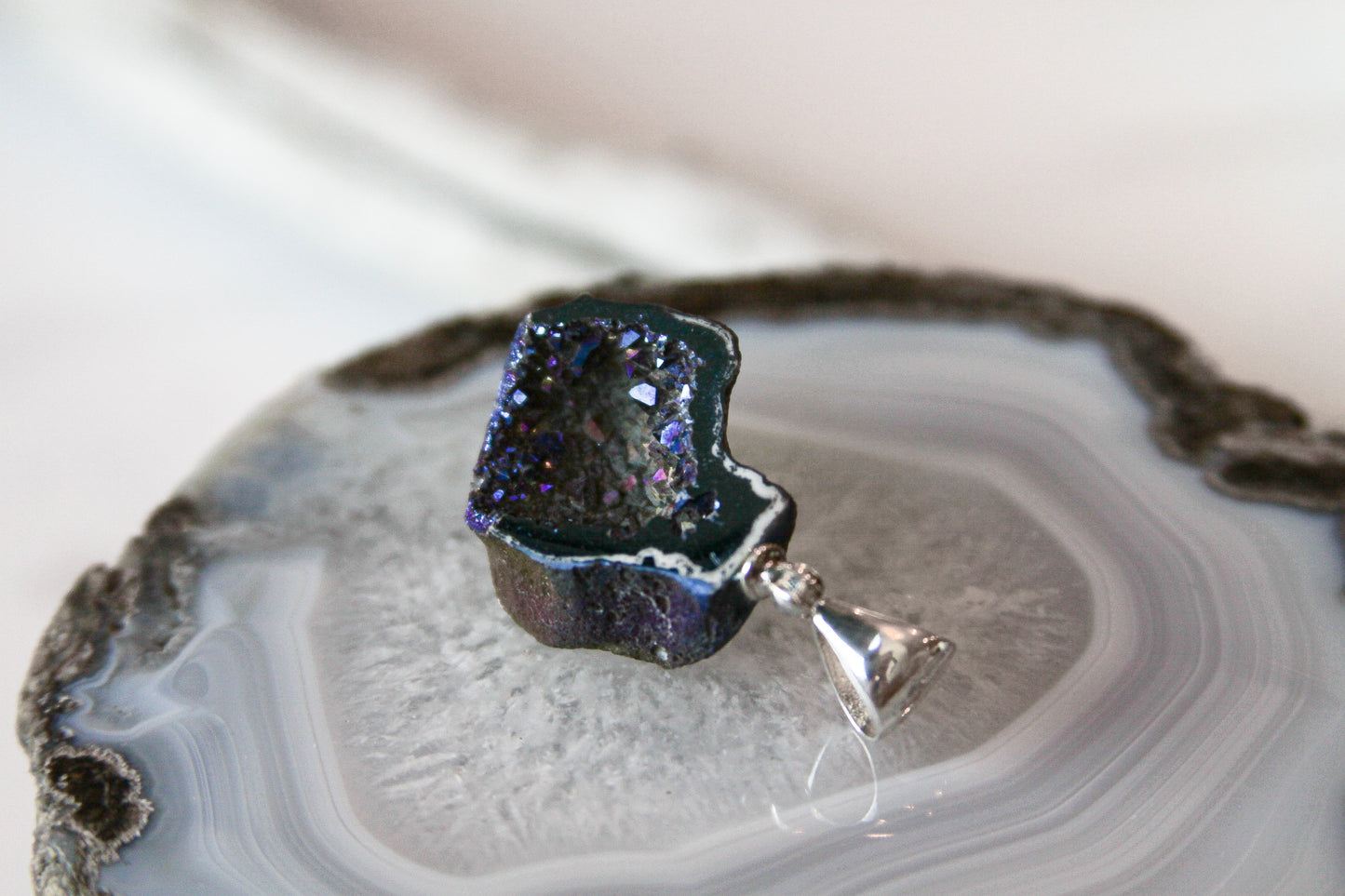 Blue Drusy Geode Pendant. 925 Sterling Silver